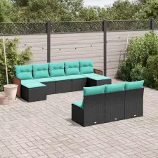  10 db fekete polyrattan kerti kanapégarnitúra párnákkal kerti bútor