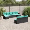 10 db fekete polyrattan kerti kanapégarnitúra párnákkal