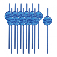  12 darabos papír szívószál – Happy Birthday - Kék party kellék