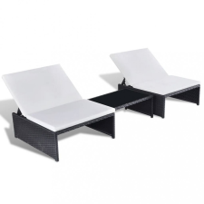  2 db fekete polyrattan napozóágy asztallal kerti bútor