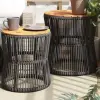  2 db szürke polyrattan kerti kisasztal fa asztallappal