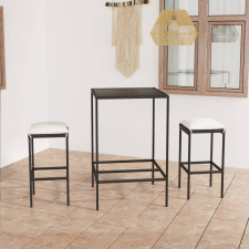  3 részes fekete polyrattan kültéri bárszett párnákkal kerti bútor