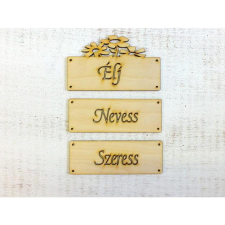  3 részes tábla 'Élj, nevess, szeress' felirattal. Mérete: 12x15 cm dekorációs kellék