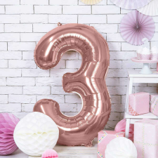 3. szám, fólia lufi, 86 cm, rosegold party kellék