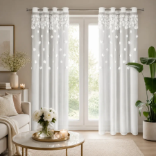  3D virágmintás fehér voile készfüggöny – elegáns, fényáteresztő függöny fémkarikákkal, rúdkarnishoz. 140X250cm lakástextília