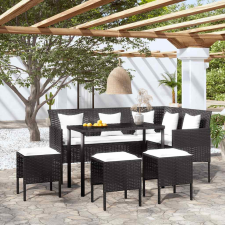 5 személyes fekete polyrattan L-alakú kanapészett párnákkal kerti bútor