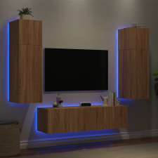 6 darab füstös tölgy színű szerelt fa TV-bútor LED-del bútor