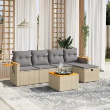  6 részes vegyes bézs polyrattan kerti ülőgarnitúra párnákkal kerti bútor