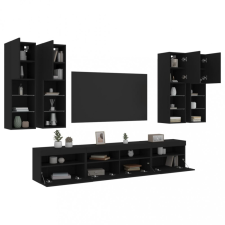  7 darabos fekete falra szerelhető TV-szekrényszett LED-ekkel bútor