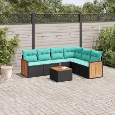  7 db fekete polyrattan kerti kanapégarnitúra párnákkal kerti bútor