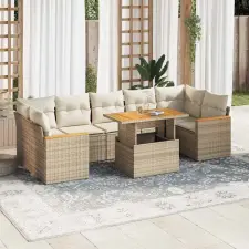  7 részes bézs polyrattan akácfa kerti ülőgarnitúra párnákkal kerti bútor