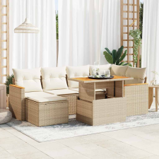 7 részes bézs polyrattan akácfa kerti ülőgarnitúra párnákkal kerti bútor