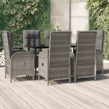  7 részes fekete és szürke polyrattan kerti étkezőszett párnával kerti bútor