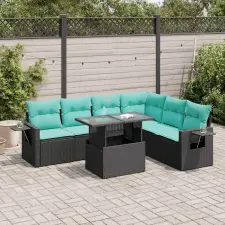  7 részes fekete polyrattan akácfa kerti ülőgarnitúra párnákkal kerti bútor