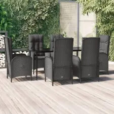  7 részes fekete polyrattan kerti étkezőgarnitúra párnával kerti bútor