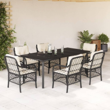 7 részes fekete polyrattan kerti étkezőgarnitúra párnával kerti bútor