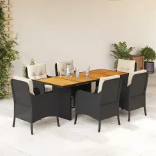  7 részes fekete polyrattan kerti étkezőgarnitúra párnával kerti bútor