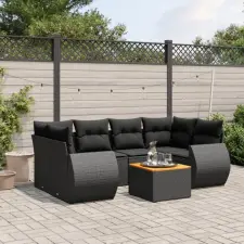  7 részes fekete polyrattan kerti ülőgarnitúra párnával kerti bútor