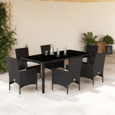  7 részes fekete polyrattan/üveg kerti étkezőgarnitúra párnával kerti bútor