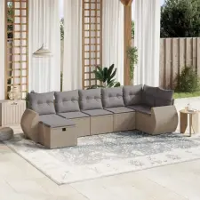  7 részes vegyes bézs polyrattan kerti ülőgarnitúra párnákkal kerti bútor