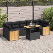 8 részes fekete polyrattan akácfa kerti ülőgarnitúra párnákkal kerti bútor
