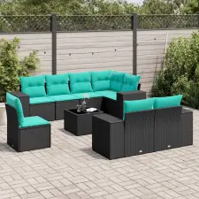  9 db fekete polyrattan kerti kanapégarnitúra párnákkal kerti bútor