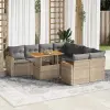  9 részes bézs polyrattan akácfa kerti ülőgarnitúra párnákkal