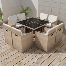  9 részes bézs polyrattan kültéri étkezőszett párnákkal kerti bútor