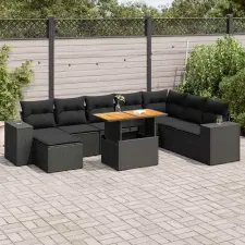  9 részes fekete polyrattan akácfa kerti ülőgarnitúra párnákkal kerti bútor