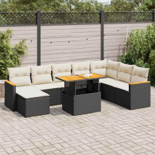  9 részes fekete polyrattan akácfa kerti ülőgarnitúra párnákkal kerti bútor