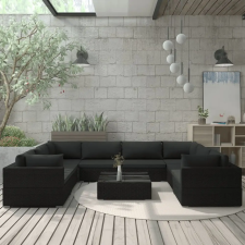  9-részes fekete polyrattan kerti bútorszett párnákkal kerti bútor