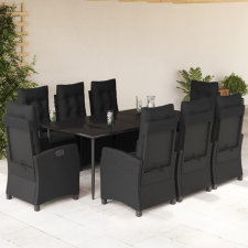 9 részes fekete polyrattan kerti étkezőgarnitúra párnákkal kerti bútor