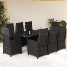9 részes fekete polyrattan kerti étkezőgarnitúra párnákkal kerti bútor