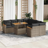  9 részes szürke polyrattan akácfa kerti ülőgarnitúra párnákkal