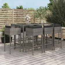  9-részes szürke polyrattan kerti bárszett párnával kerti bútor