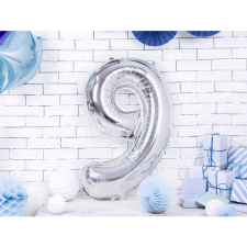 9. szám, fólia lufi, 86 cm, ezüst, tasakban party kellék