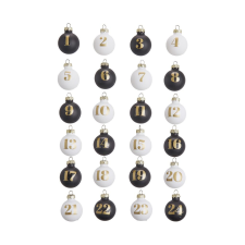 Advent üveg karácsonyfadísz - adventi kalendárium , 24 darabos készlet fekete-fehér ?3cm karácsonyfadísz