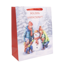  Ajándéktasak család hóemberrel 18x23cm dekorációs kellék