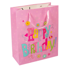  Ajándéktasak lila Happy Birthday 26x32cm dekorációs kellék