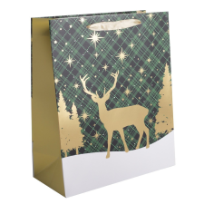  Ajándéktasak zöld/arany rénszarvas 18x23cm dekorációs kellék