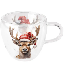 AMBIENTE Duplafalú borosilicate üvegcsésze 200ml Deer With Santa Hat karácsonyi dekoráció