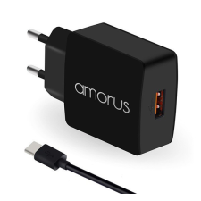 AMORUS K6 hálózati töltő USB aljzat (5V / 3000mA, PD gyorstöltés támogatás + Type-C kábel) FEKETE (R37G5SNOR11SE3) mobiltelefon kellék