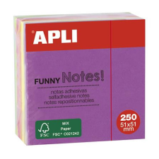 APLI Öntapadó jegyzettömb, 51x51 mm, 250 lap, APLI "Funny", neon post-it