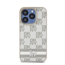 Apple DKNY PU Leather Checkered Pattern and Stripe iPhone 14 Pro hátlap tok, bézs tok és táska