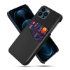  Apple iPhone 13 Pro Max, Műanyag hátlap védőtok, közepesen ütésálló, textil bevonat, bőrhatású hátlap, kártyatartóval, fekete