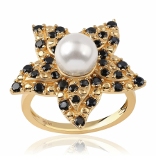  Arannyal Bevont Ezüst Gyűrű - Fekete Spinellel és Édesvízi Gyönggyel gyűrű