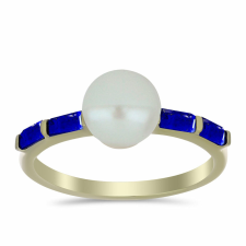  Arannyal Bevont Ezüst Gyűrű Lapisz Lazulival és Fehér Édesvízi Kagylógyönggyel, Y62026/62 gyűrű