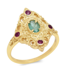  Arannyal Bevont Ezüst Gyűrű Madagaszkári Rubinnal és Brazil Smaragddal, XMP105/57 gyűrű