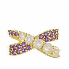  Arannyal Bevont Ezüst Gyűrű Szivárvány Holdkővel és Brazil Ametiszttel, PCY11112/57 gyűrű