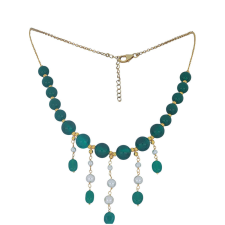  Arannyal Bevont Ezüst Nyaklánc Zöld Acháttal és Fehér Édesvízi Tenyésztett Gyönggyel, Y48390 nyaklánc